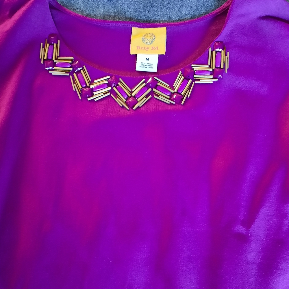 Beaded deep rose/purple Ruby Rd. 3/4 Sleeve Knit Top